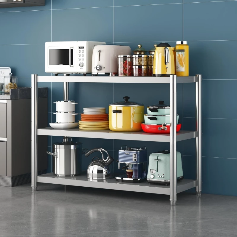 【三层】不锈钢厨房置物架落地多层微波炉收纳架放锅架子家用多功能