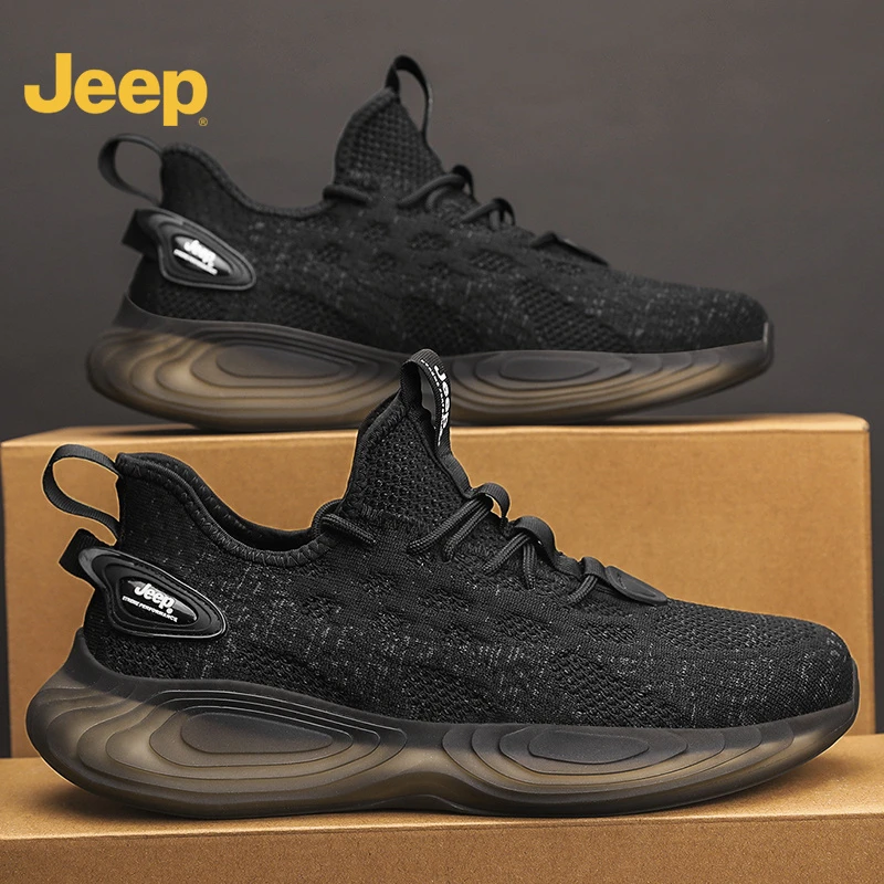 jeep吉普冬季男鞋2025新爆款椰子鞋户外登山鞋飞织黑色网面跑步鞋