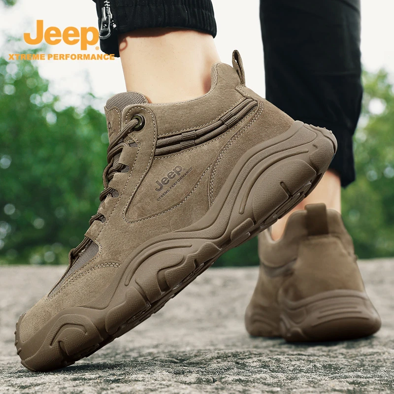 Jeep工装男鞋秋季皮面透气运动防滑登山徒步户外休闲工作劳保潮鞋