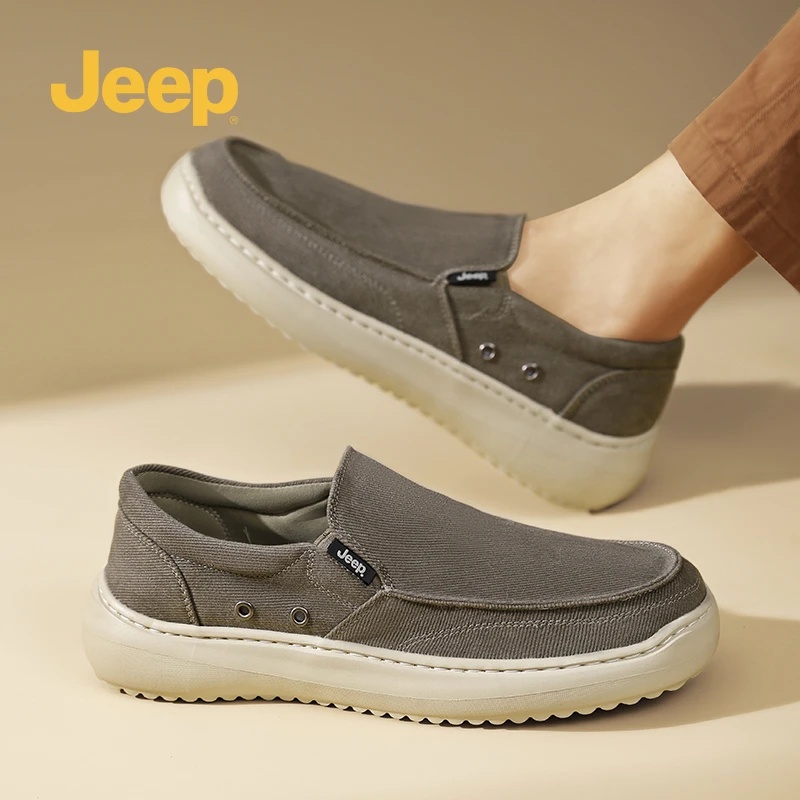 Jeep帆布鞋男2025新款冬季透气休闲板鞋一脚蹬懒人老北京套脚布鞋