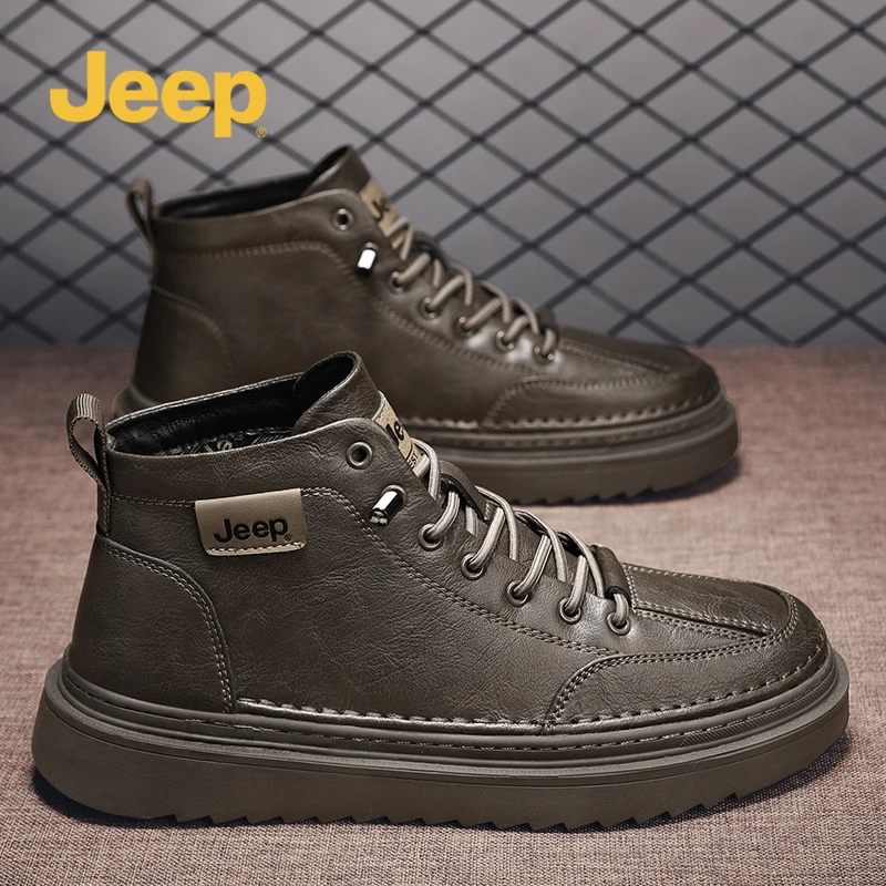 jeep吉普马丁靴秋冬新款中帮厚底黑色商务皮靴潮流复古机车工装鞋