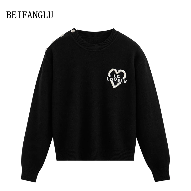 北方鹿【珍珠爱心提花】绵羊毛2024秋冬气质圆领肩章扣套头2452