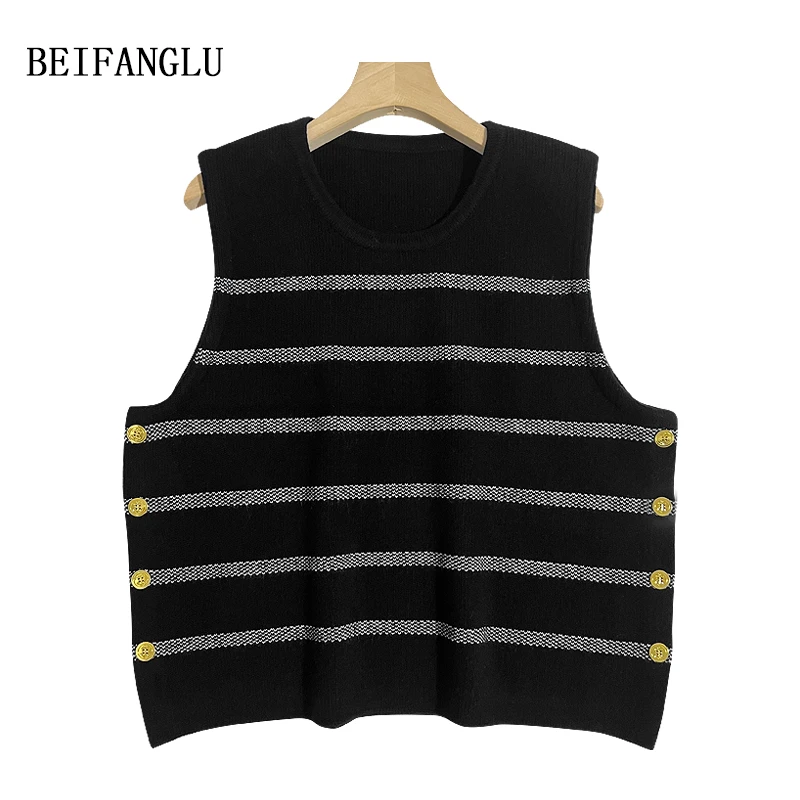 北方鹿轻奢气质高端羊毛套头宽松无袖条纹针织马甲-5157