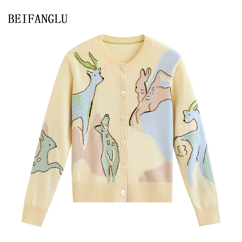 北方鹿【梦野小鹿】秋温柔气质撞色提花圆领长袖羊毛针织开衫6189