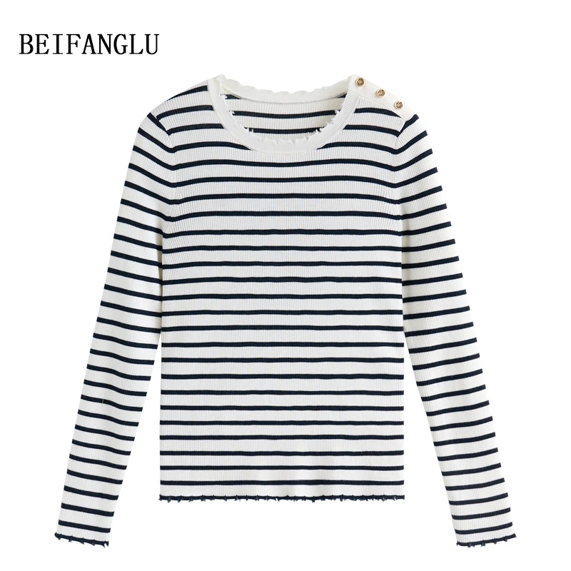 北方鹿【条纹多重奏】精纺羊毛气质流苏撞色显瘦长袖针织衫女5306