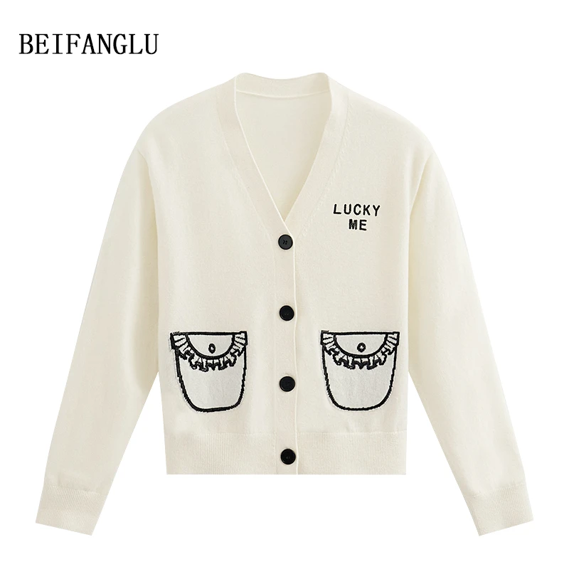 北方鹿漫趣简笔提花绵羊毛早秋2024气质V领长袖针织开衫女2035