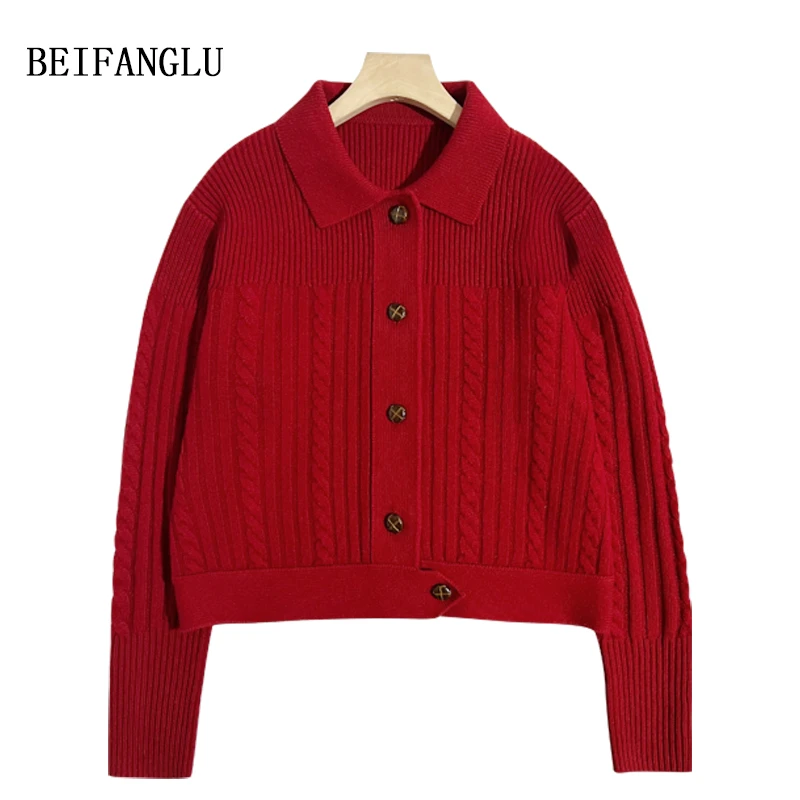 北方鹿【C*W法式复古开衫】双股厚款绞花翻领龟纹蘑菇扣羊毛衫6517