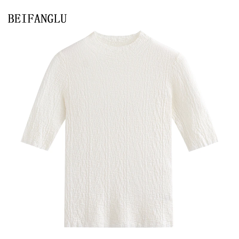 【浮雕褶皱肌理感】羊毛桑蚕丝夏季法式气质短袖针织衫W9986