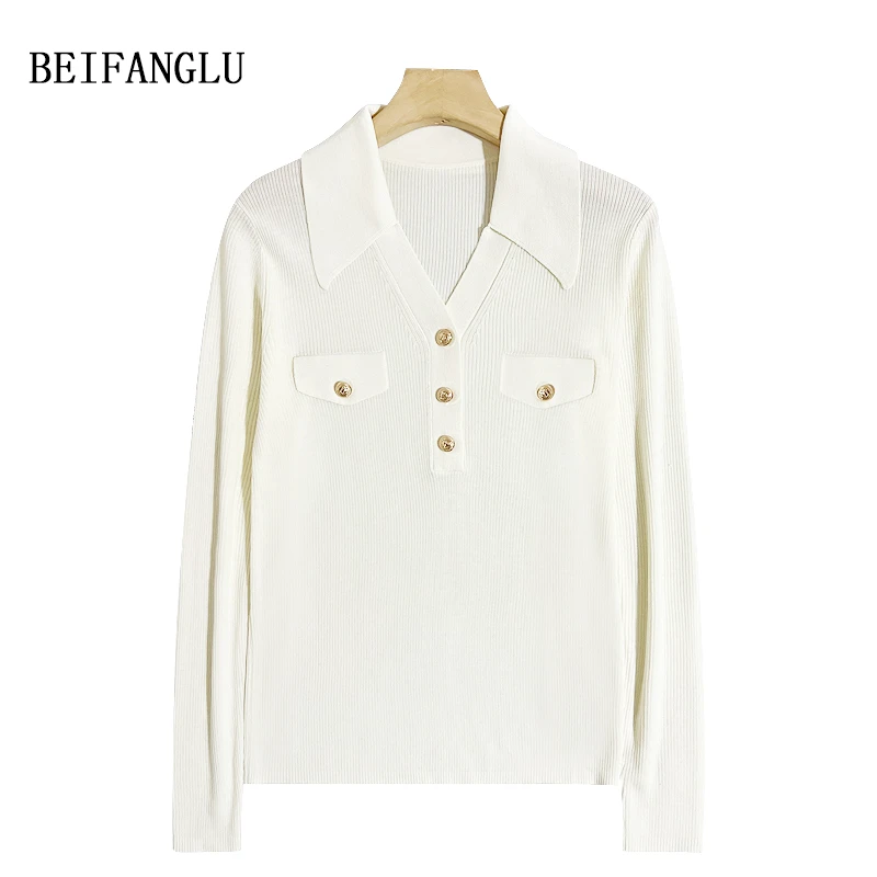 北方鹿设计感气质显瘦内搭打底金属扣V领长袖羊毛针织衫5231