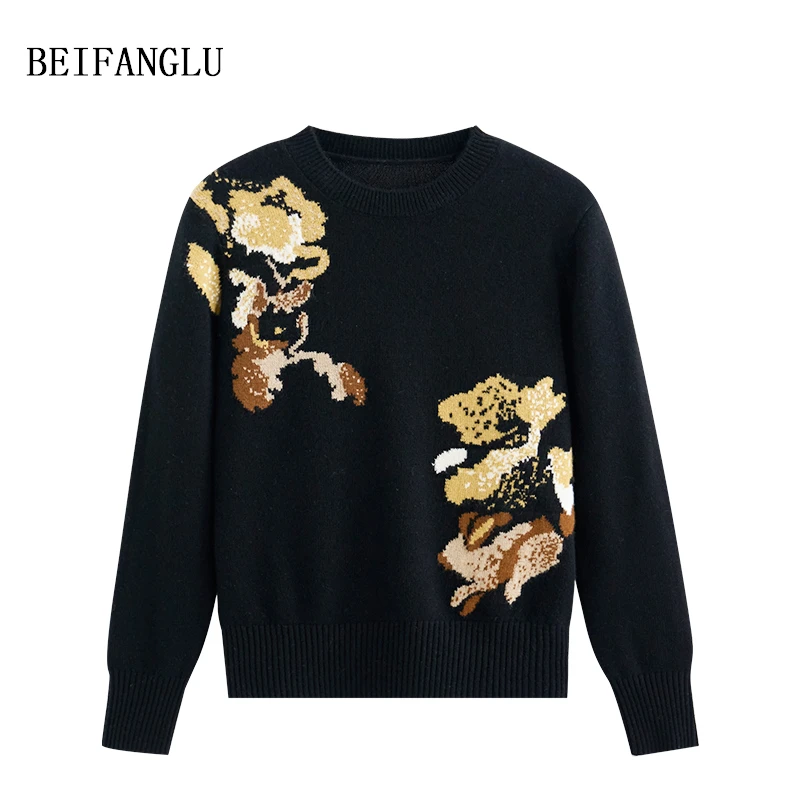 北方鹿 秋冬新款休闲时尚花朵圆领宽松长袖针织羊绒衫6208