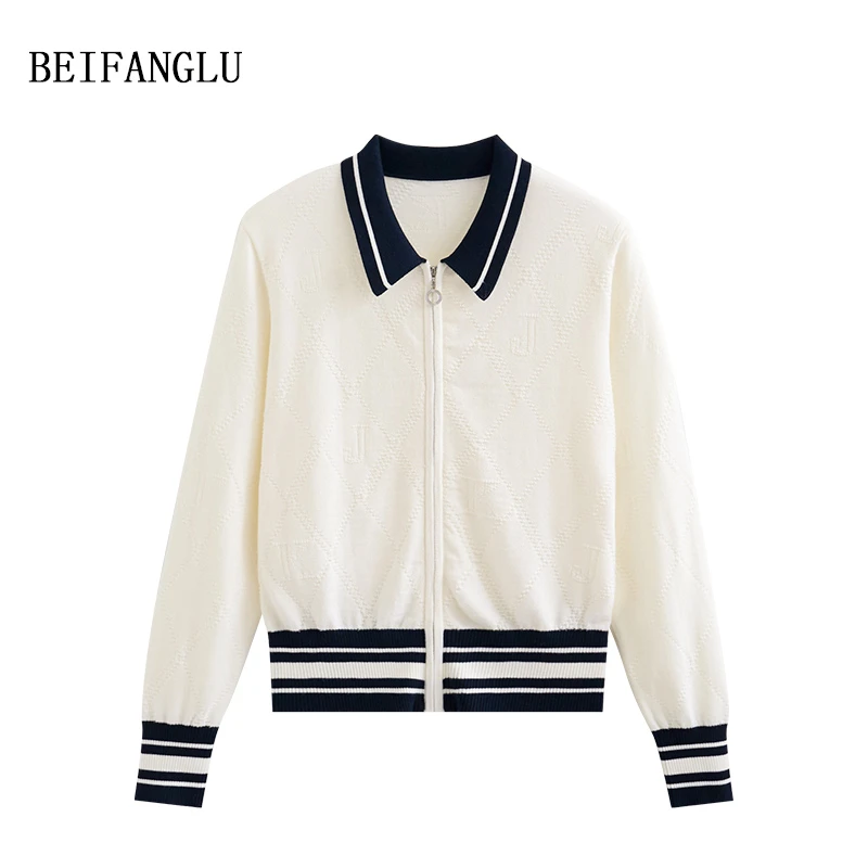 北方鹿 精纺细支羊毛#法式气质POLO领拉链字母提花针织开衫女2457