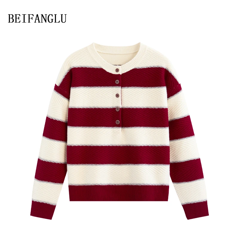 北方鹿新年红条纹毛衣绵羊毛2025冬撞色条纹纽扣套头羊毛衫1502