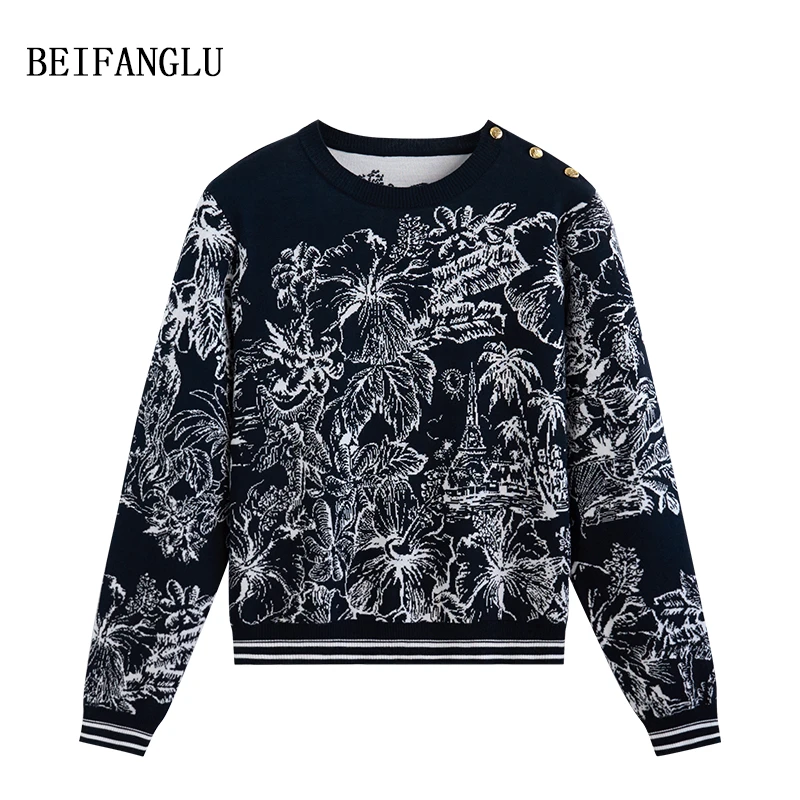 北方鹿老钱风森林系列精纺羊毛气质肩扣提花圆领长袖针织衫1172