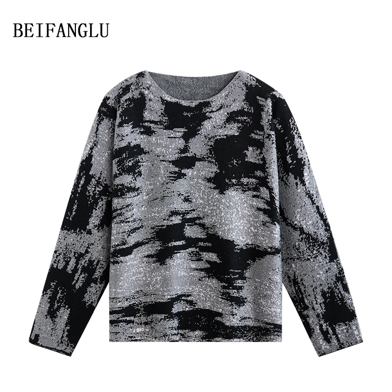 北方鹿 水墨倒影系列/早秋精纺羊毛圆领亮丝提花套头针织衫女6238