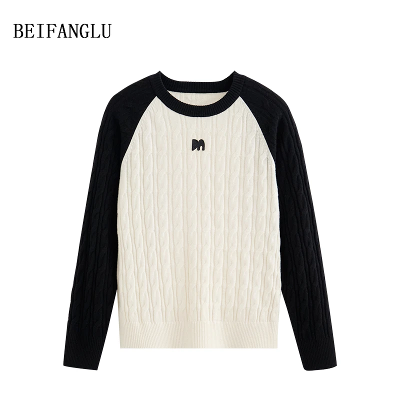 北方鹿M*黑白调小象绵羊毛2024秋冬气质绞花套头针织毛衣女6110