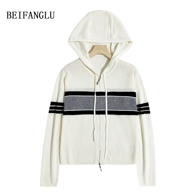 北方鹿秋冬法式复古撞色条纹宽松高级感双拉链羊毛连帽针织衫6508