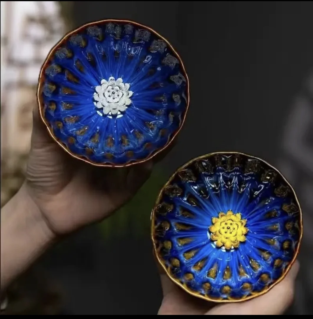 金银莲花对杯水波纹 高端茶器  全手工 茗杯 莲花杯 茶杯 中式