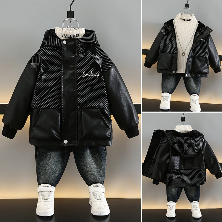 男童秋冬装加绒皮衣外套2025新款洋气男孩儿童冬季加厚夹棉皮夹克