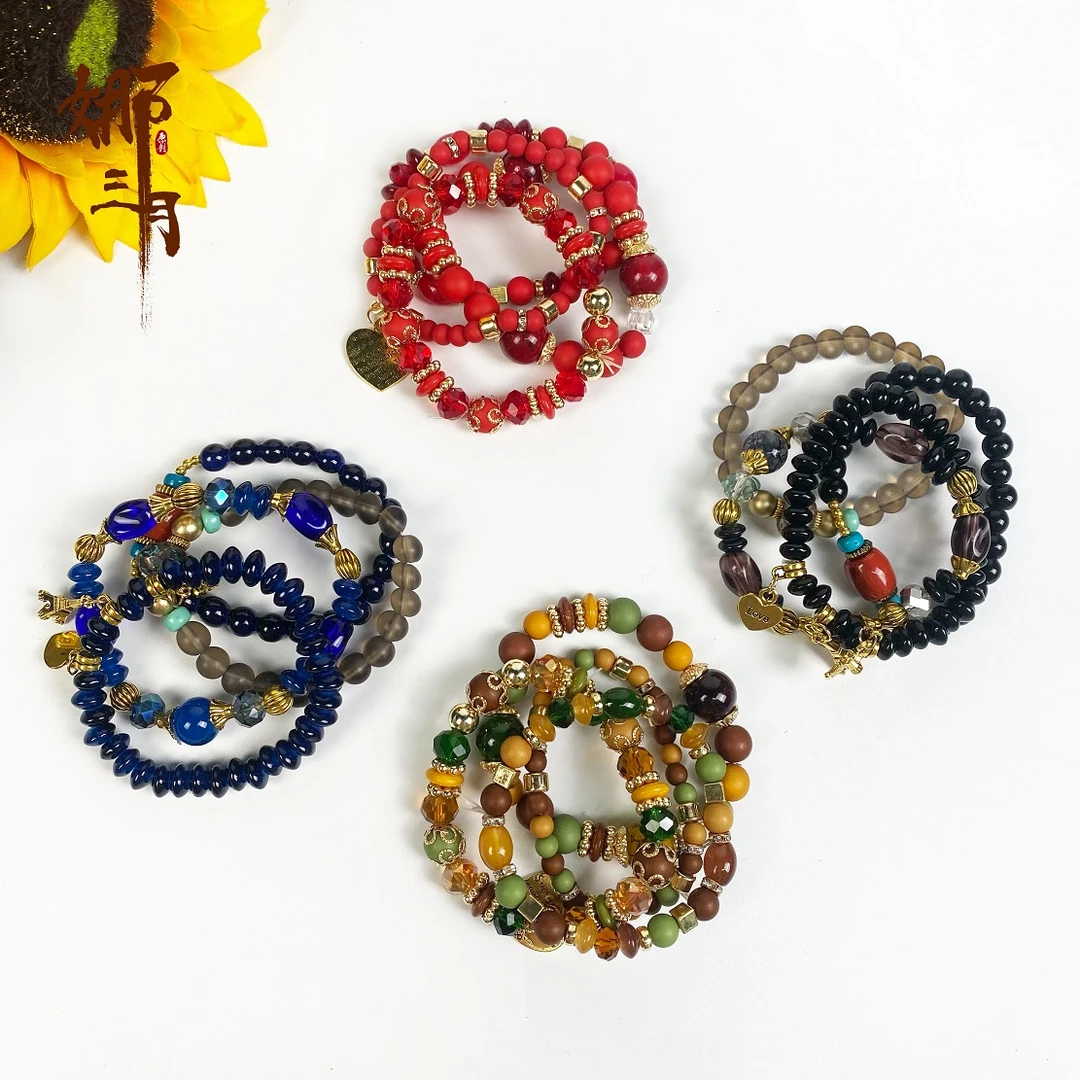 娜三月 非金属玻璃手链 ［波西米亚］新款复古精致百搭四串组合手链