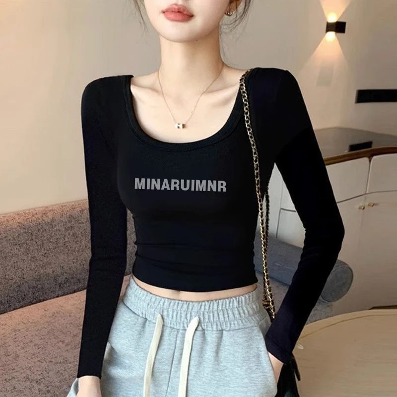 纯棉方领长袖t恤女正肩秋季修身短款洋气内搭打底衫百搭辣妹上衣