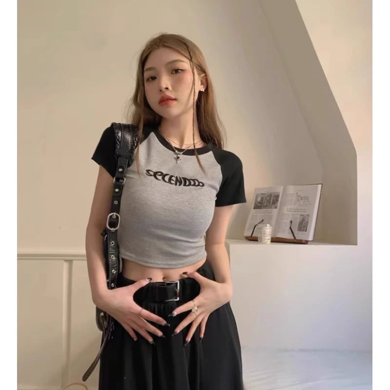 春夏甜酷风穿搭百搭显瘦上衣高腰显瘦辣妹短款露脐t恤夏季ins打底