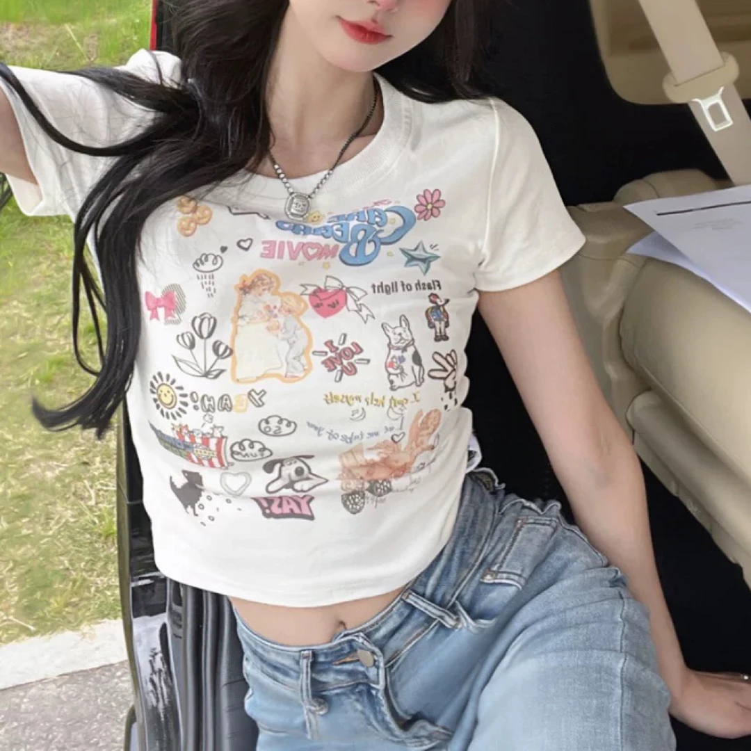 纯欲辣妹白色印花高腰短袖t恤女ins夏季2025新款修身短款纯欲上衣