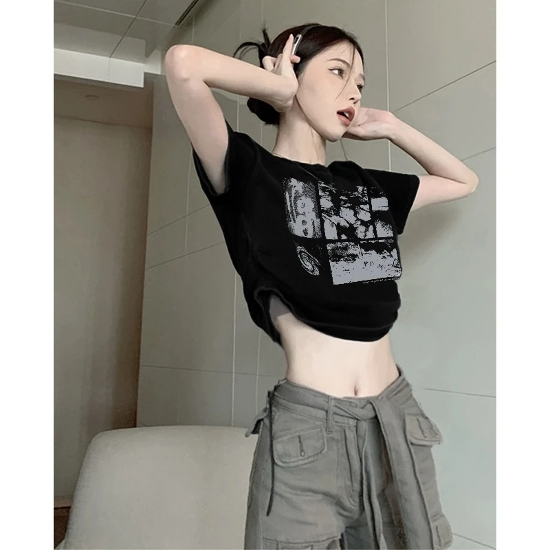 黑色短袖t恤女夏季2025新款短款美式高街y2k爵士千禧风甜辣小上衣