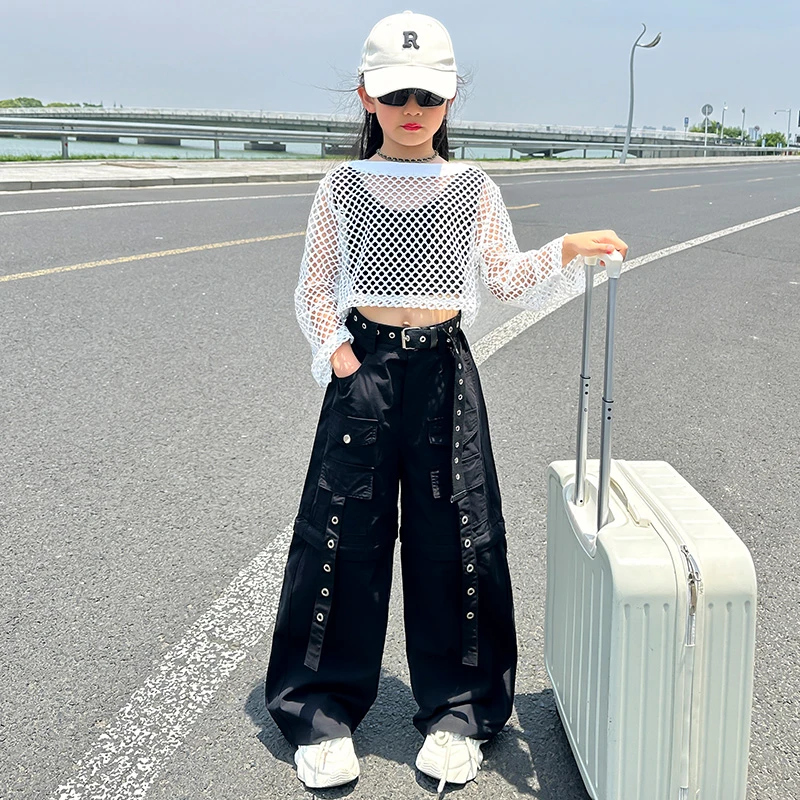 女童夏季套装2024新款中大童网眼镂空长袖T恤休闲工装裤三件套潮