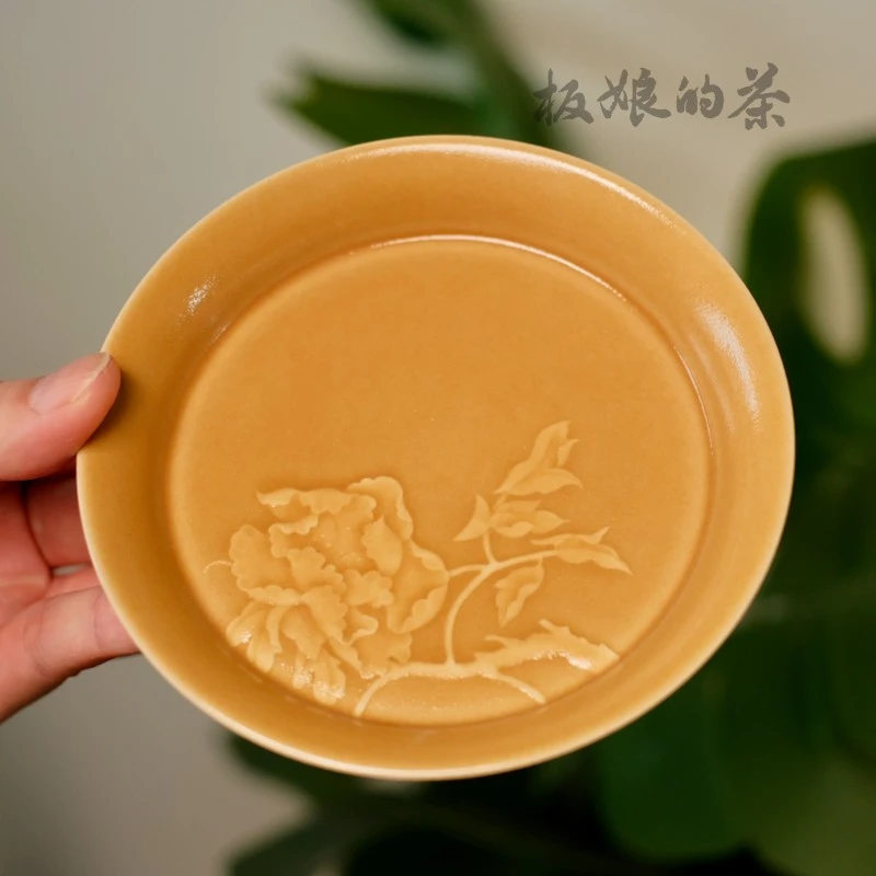 板娘的茶 敬山田黄釉下非本泥堆雕玉堂富贵壶承12.5cm茶道茶js062