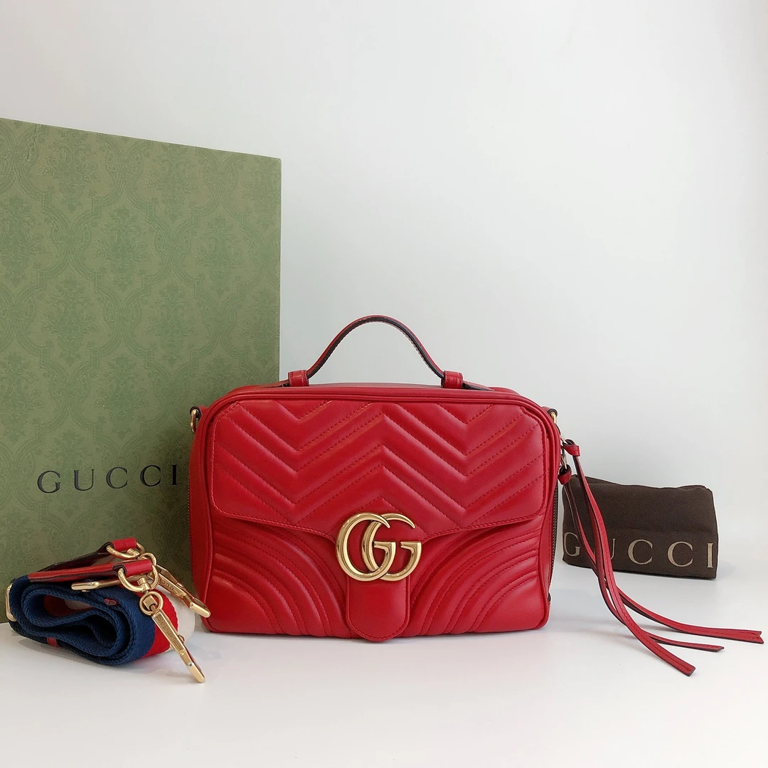 95新 奢之星 GUCCI/古驰 红金 Marmont相机包 邮差包 单肩包