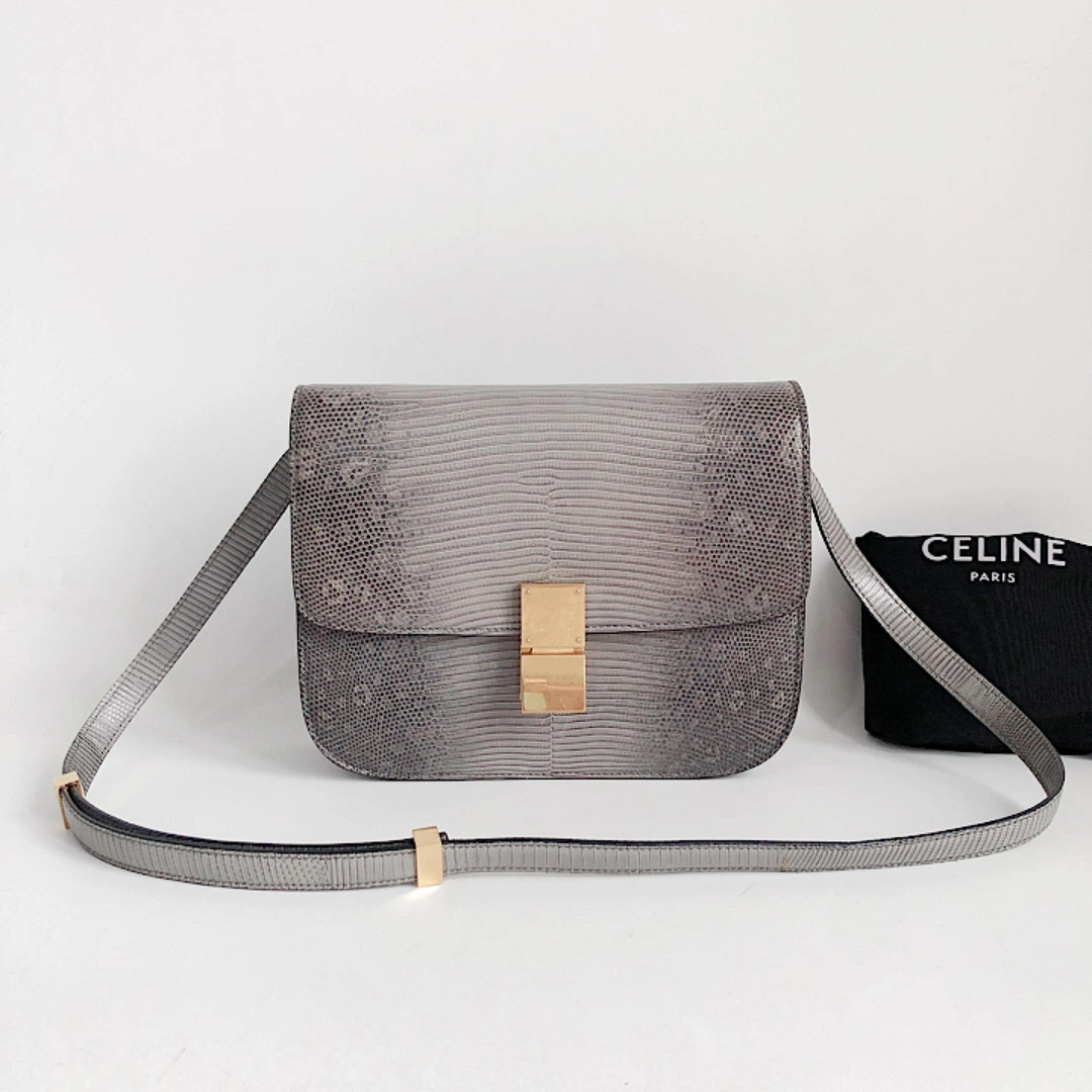 99新 奢之星 CELINE/赛琳 灰色蜥蜴皮中号Box 单肩包