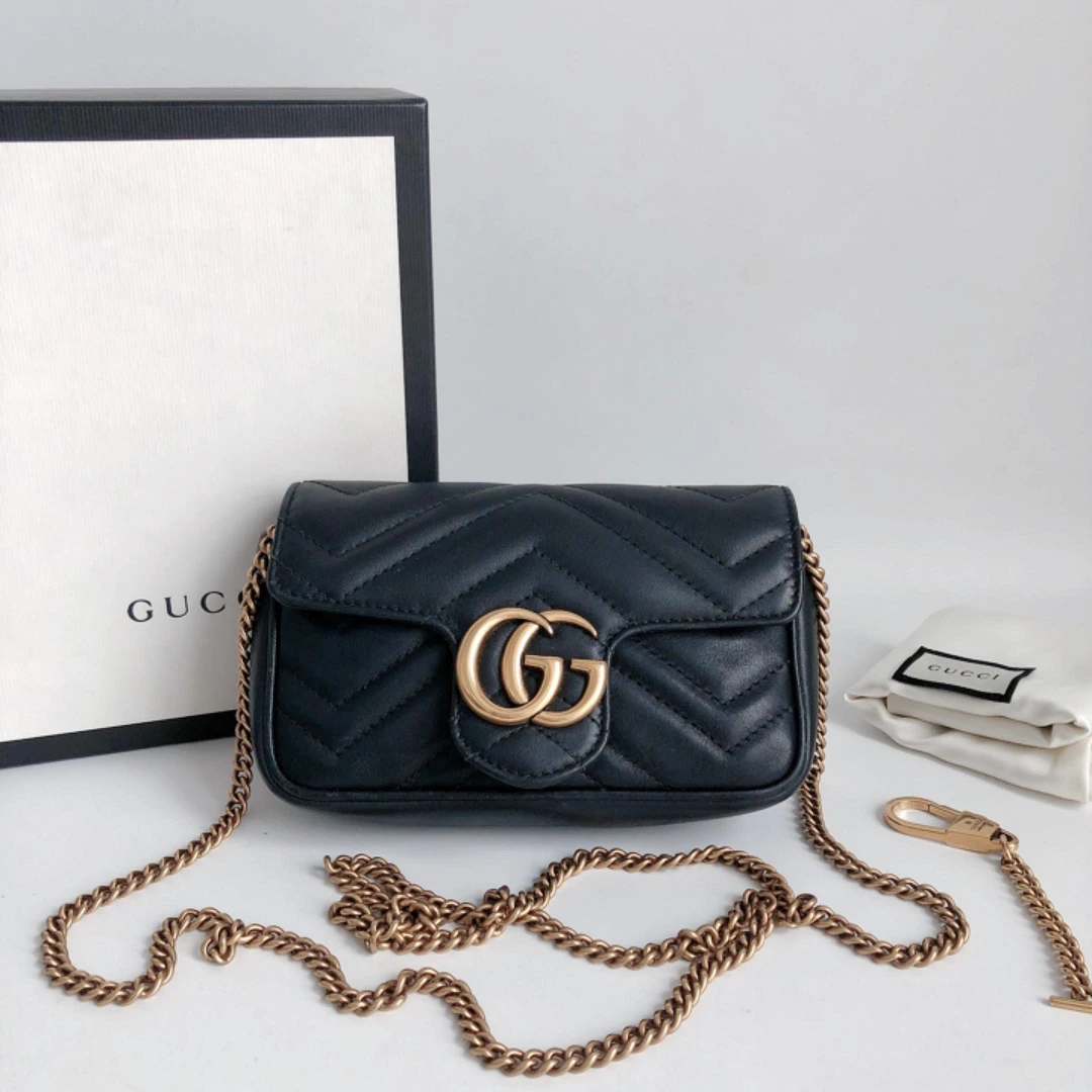 95新 奢之星 GUCCI/古驰 黑金Mini Marmont 单肩包