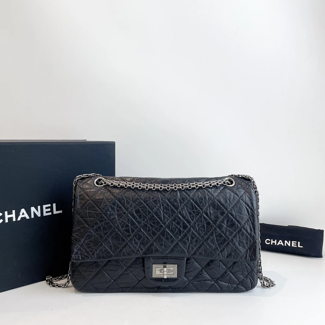 95新 Chanel/香奈儿 黑银双盖2.55链条单肩包 31.5底长