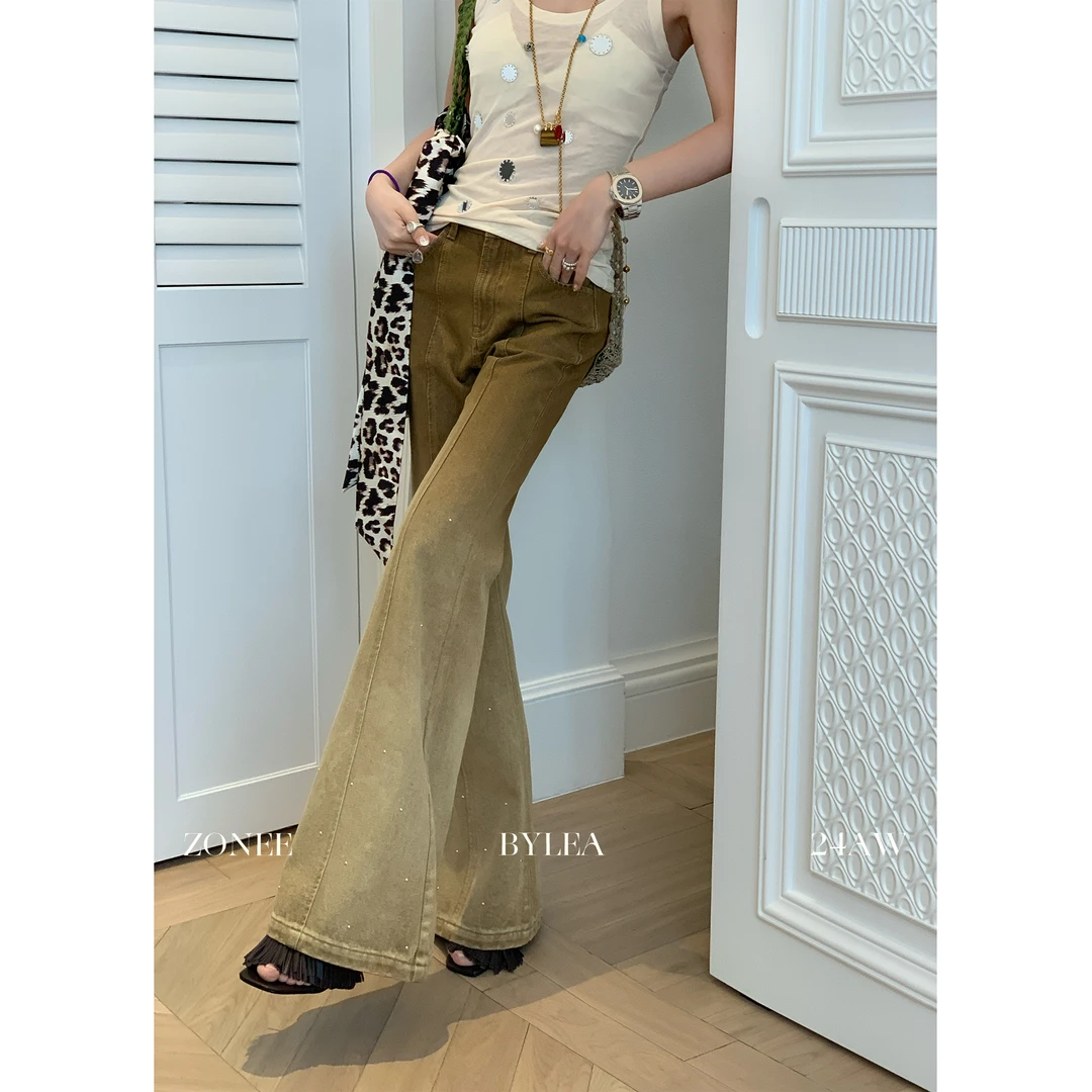 ZONEE 棕意盎然 棕色渐变牛仔裤高腰直筒水洗咖色显瘦宽松阔腿裤