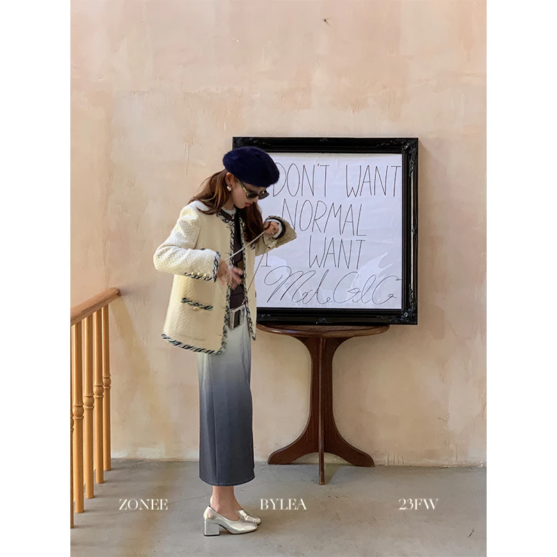 ZONEE 骑士蓝玫瑰 法式浪漫精致感蓝色小香织带羊毛编织质感外套