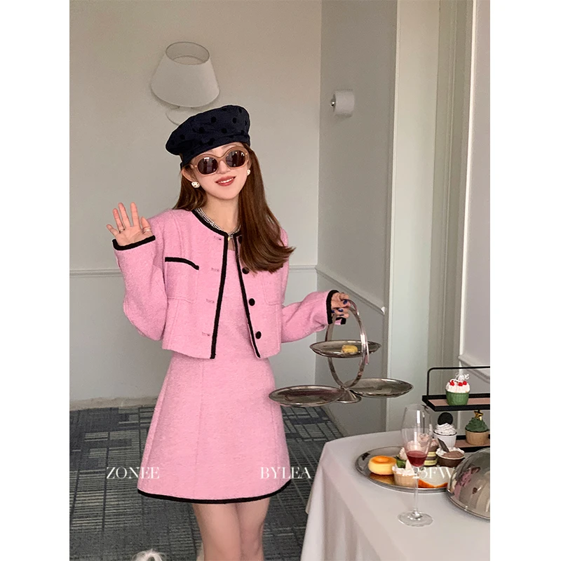 ZONEE 莫妮卡的粉色 法式复古原创设计粉色质感小外套连衣裙套装