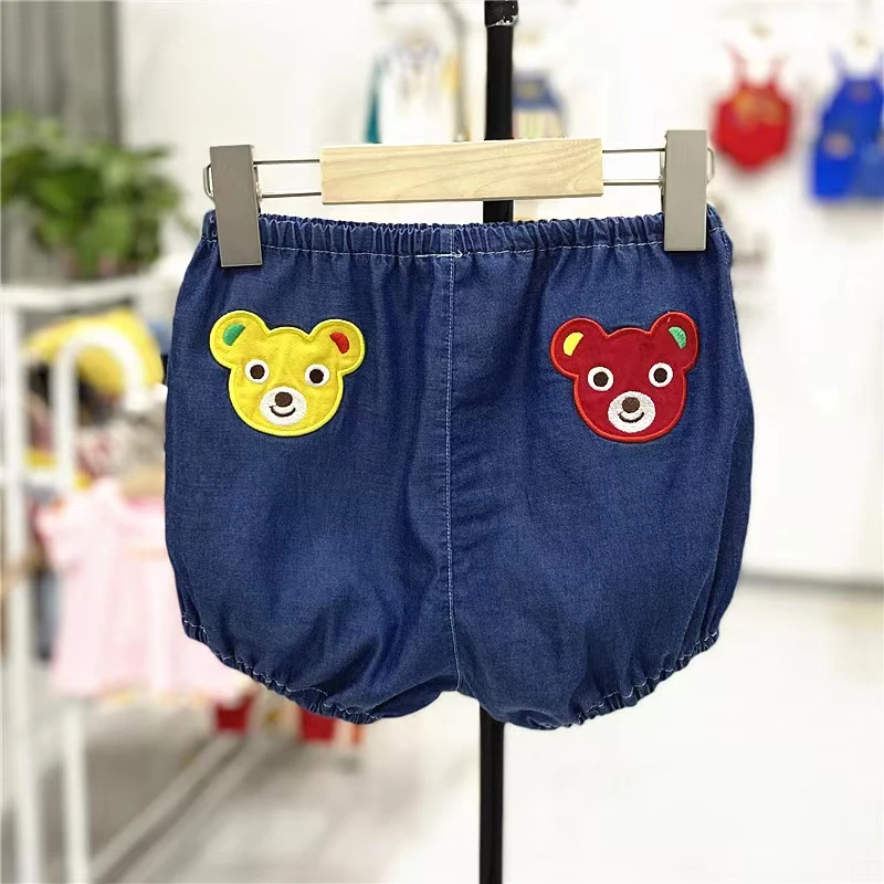 MIKIi日系新男女童软牛仔刺绣小熊小兔外贸休闲短裤大pp儿童裤