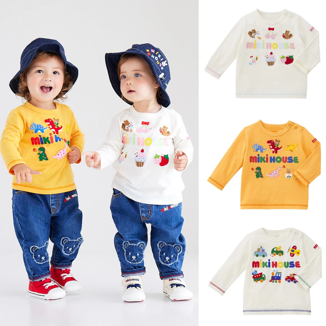 现货miki熊兔刺绣长袖 日系男女童卡通恐龙汽车刺绣T恤衫内搭上衣