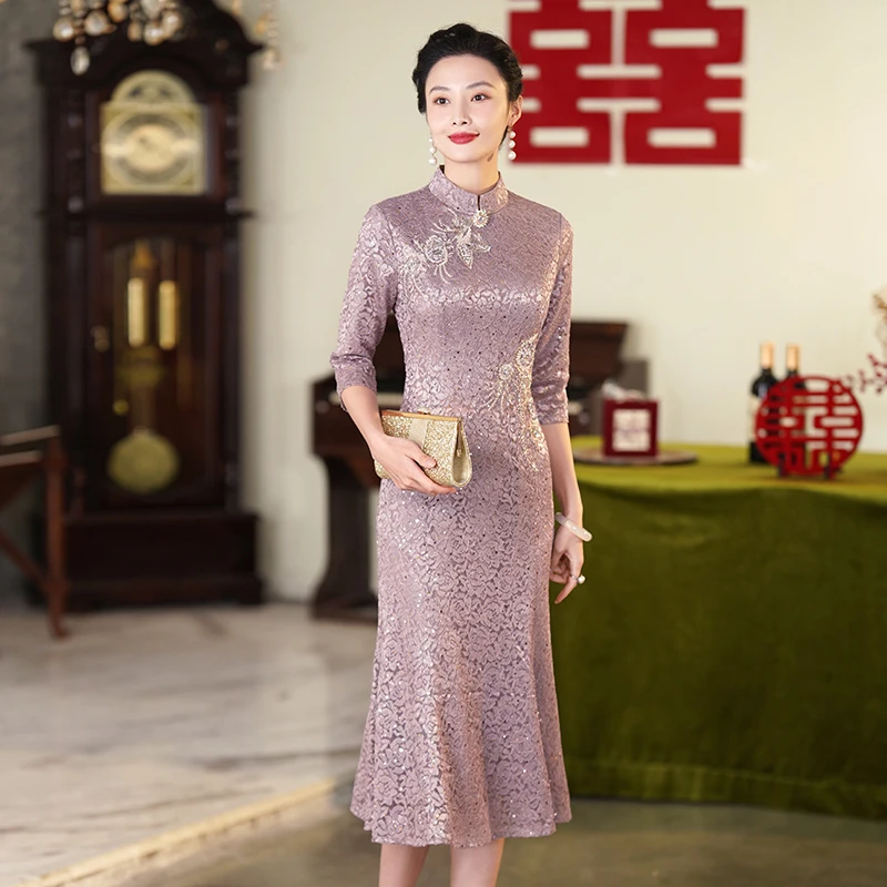 2025新中式旗袍喜婆婆喜妈妈婚宴装年轻丈母娘裙婚礼服蕾丝连衣裙