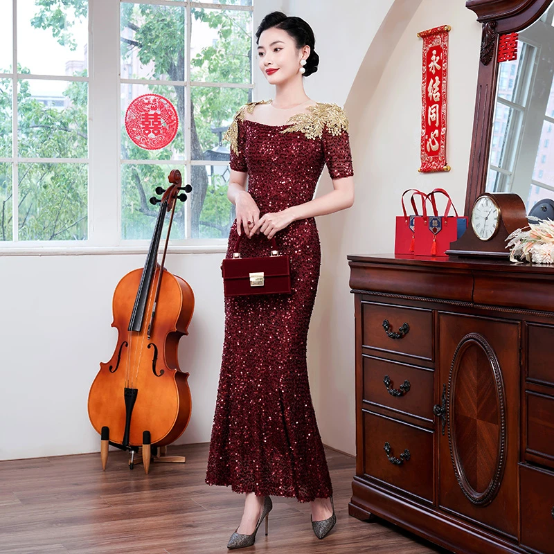 喜婆婆喜妈妈婚宴装亮片礼服新娘连衣裙年轻喜婆婆喜妈妈婚宴装