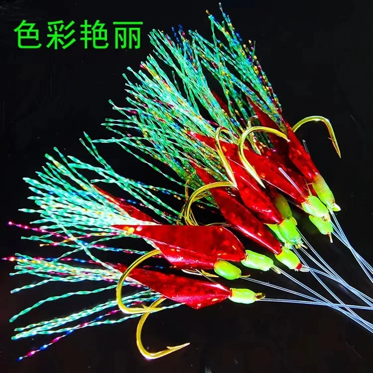 仿鱼皮钩红色镭射反光鱼皮一米子线夜光漆金银丝仿生路亚钩