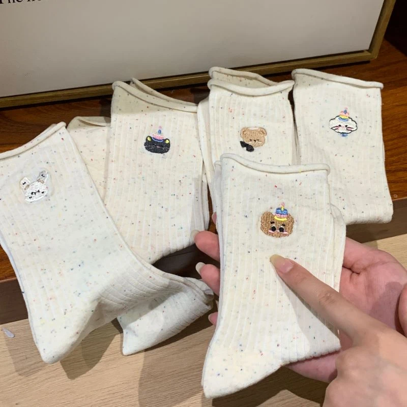 卡通可爱刺绣点子纱袜子女中筒春秋季堆堆袜ins潮日系少女生棉袜