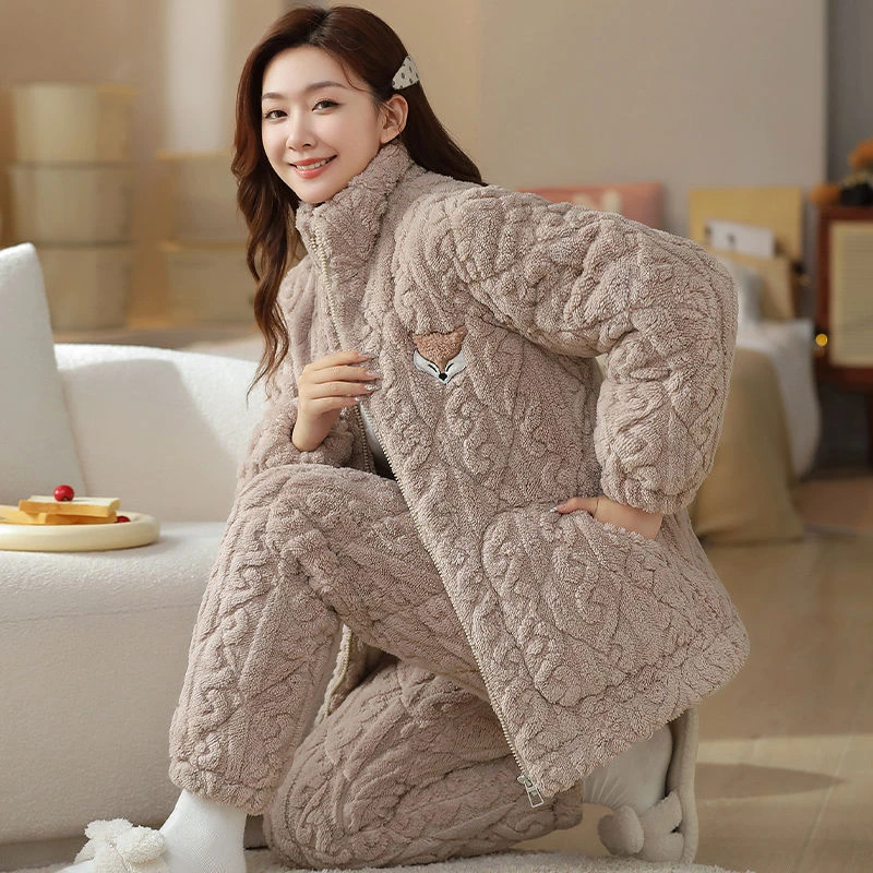 睡衣女冬季珊瑚绒加厚加绒三层夹棉超厚拉链可外穿冬天家居服套装