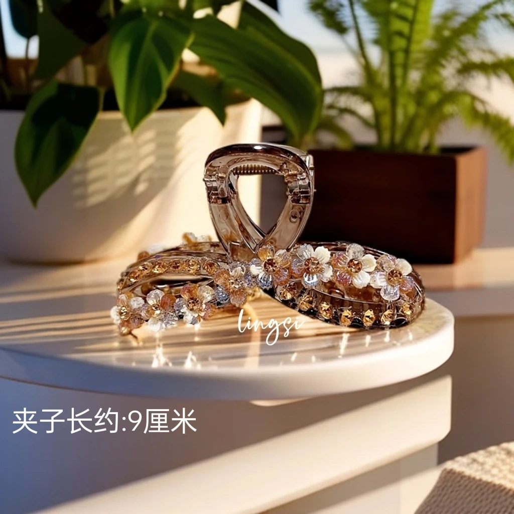 L1081高级优雅小香风花朵抓夹9公分后脑勺高端盘发鲨鱼夹发夹发饰