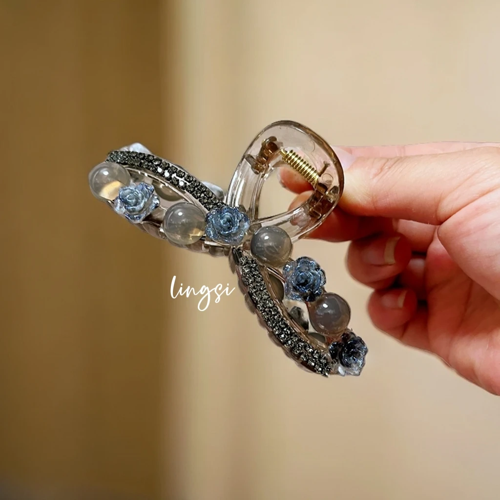 L1068新款时尚百搭山茶花抓夹后脑勺闪钻盘发鲨鱼夹优雅发夹头饰