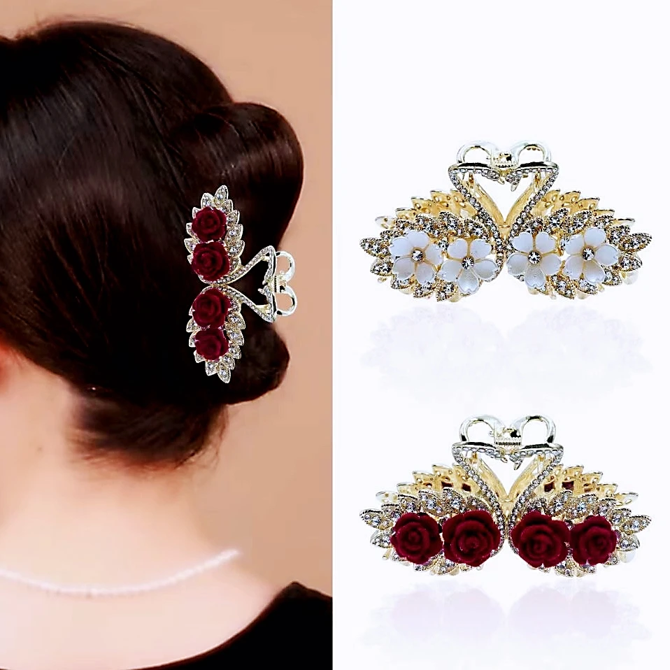 A120高颜值红色植绒玫瑰花天鹅抓夹鲨鱼夹半扎后脑勺发夹盘发头饰