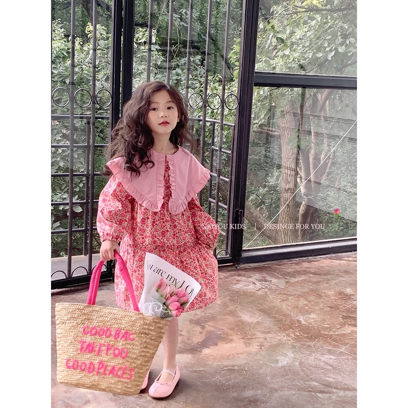 女童春装新款宝宝连衣裙碎花裙儿童洋气大花边裙子长裙