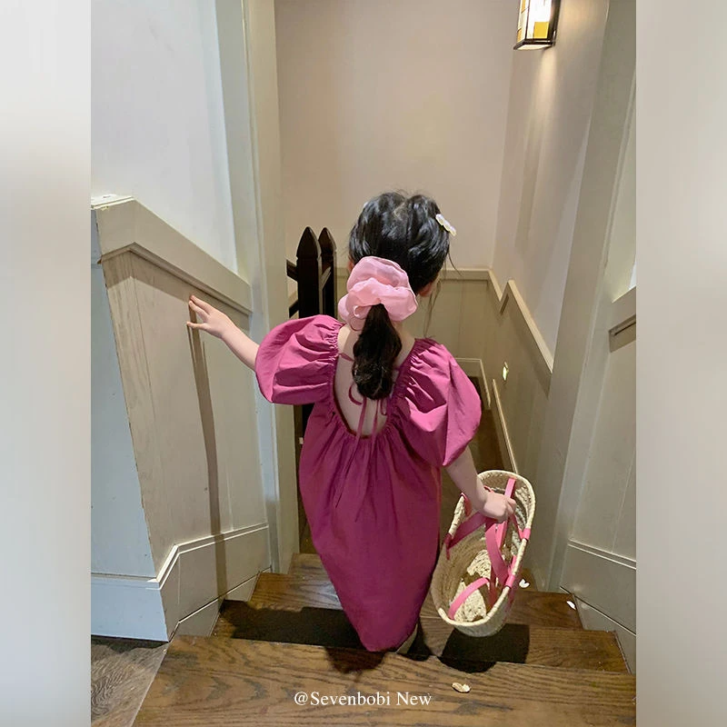 女童韩版日常泡泡袖连衣裙儿童夏装新款洋气玫紫色公主裙潮