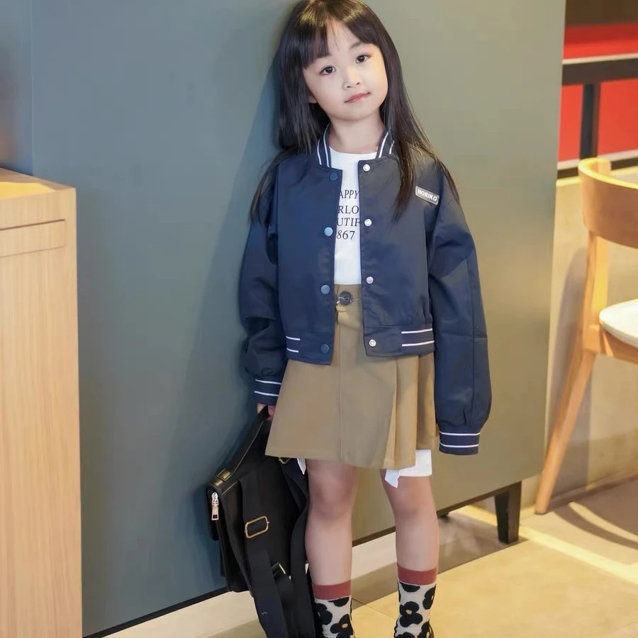 童装2023秋季新款夹克套装女童时尚短版棒球服外套＋卡其百搭半裙