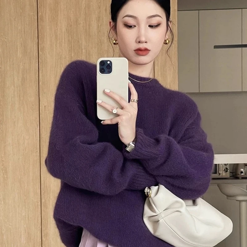 2024年慵懒高级感紫色圆领毛衣女装秋冬季宽松套头针织衫百搭上衣